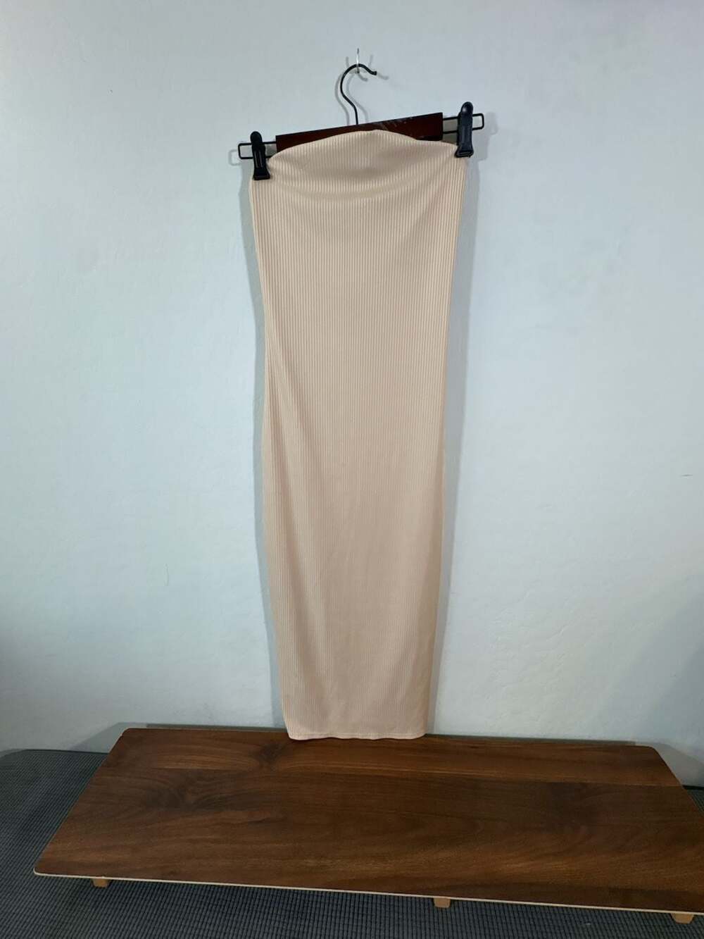 Leith Beige Ribbed Strapless Bodycon Midi Dress